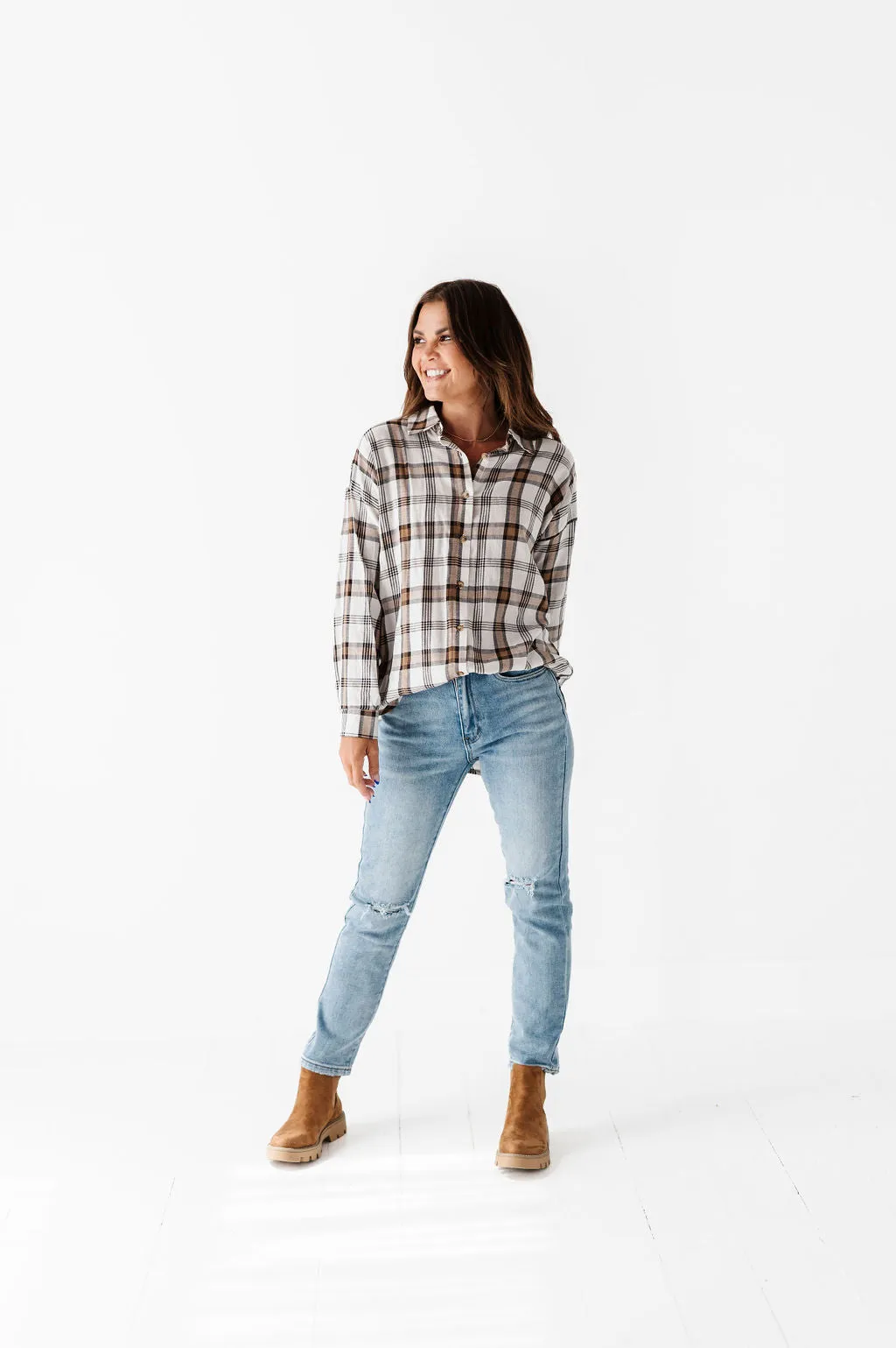 Milo Plaid Flannel Top in Ivory