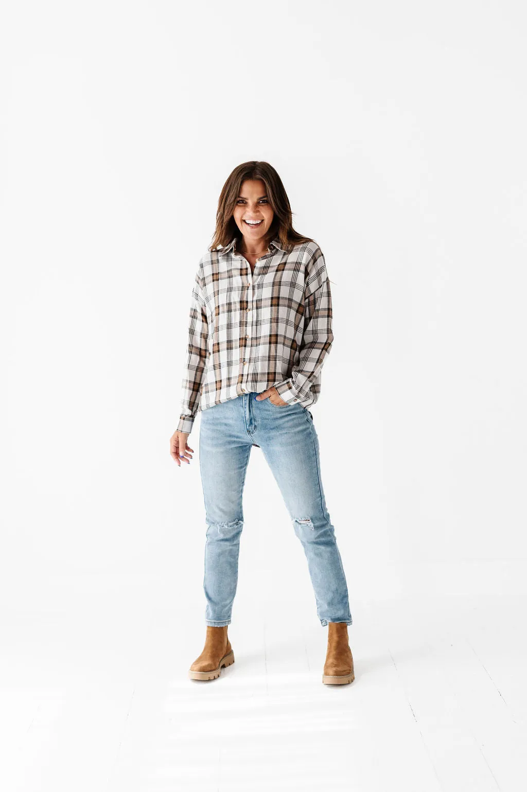 Milo Plaid Flannel Top in Ivory