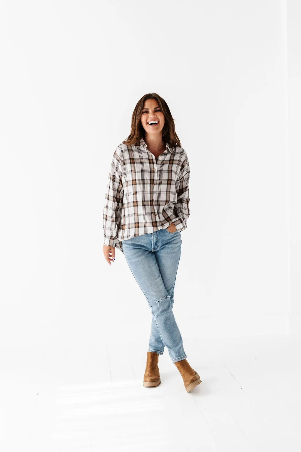 Milo Plaid Flannel Top in Ivory