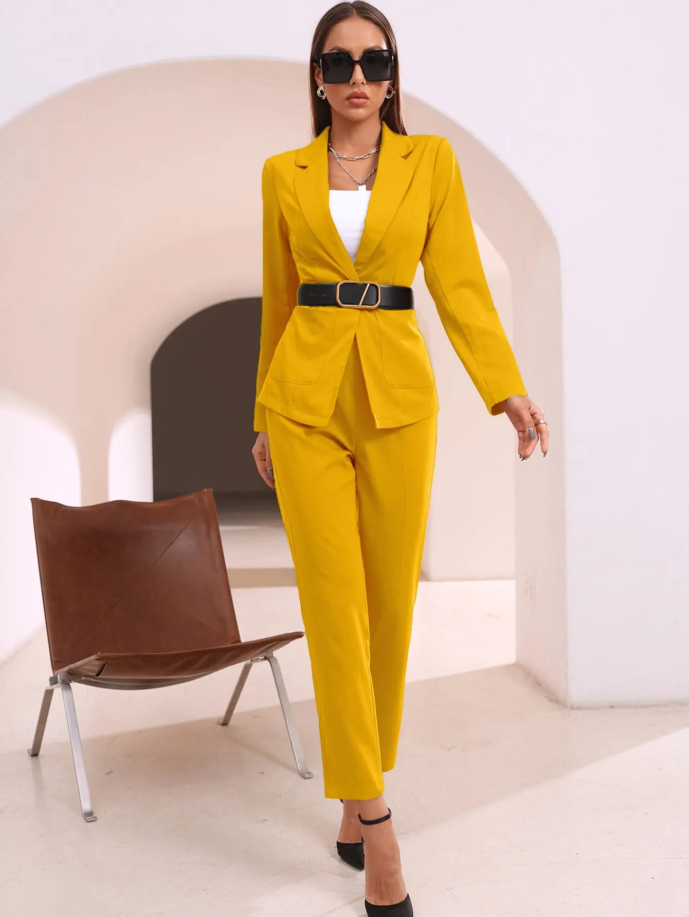 Modely Solid Open Front Blazer & Pants