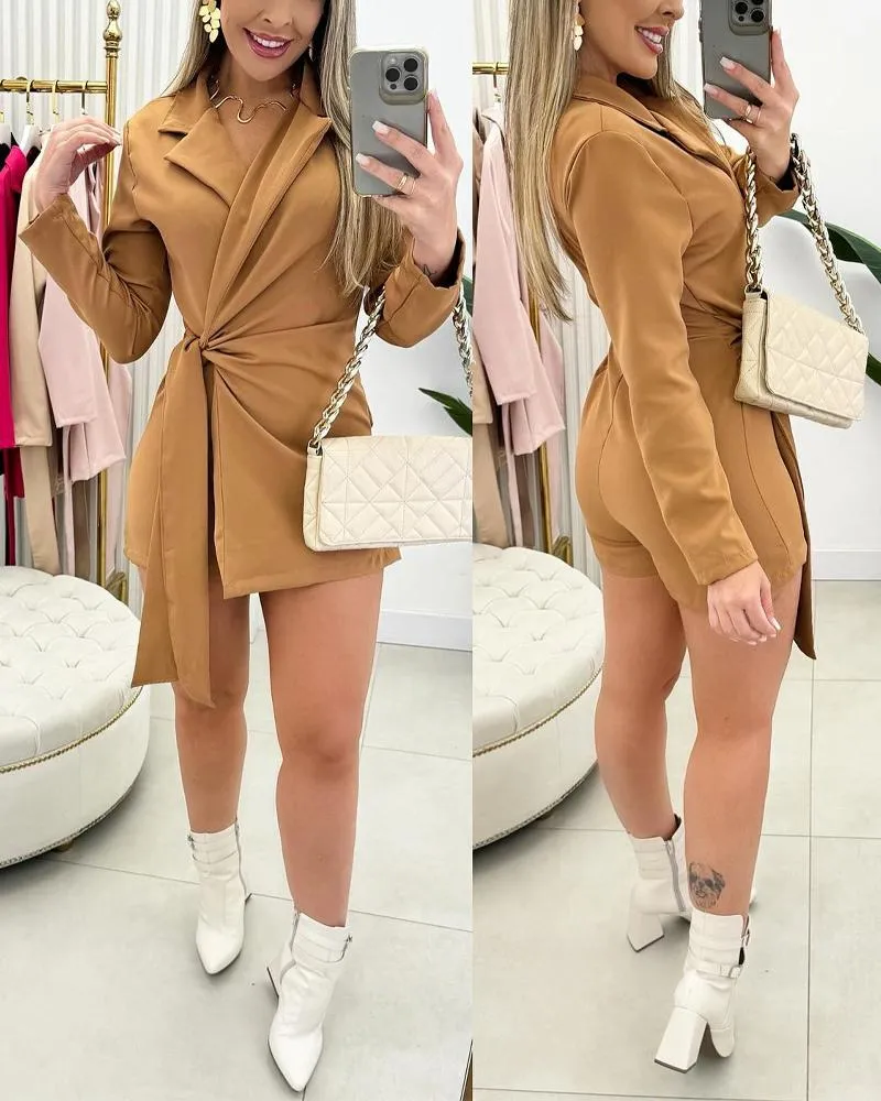 Notched Collar Tied Detail Wrap 2 in 1 Blazer Romper