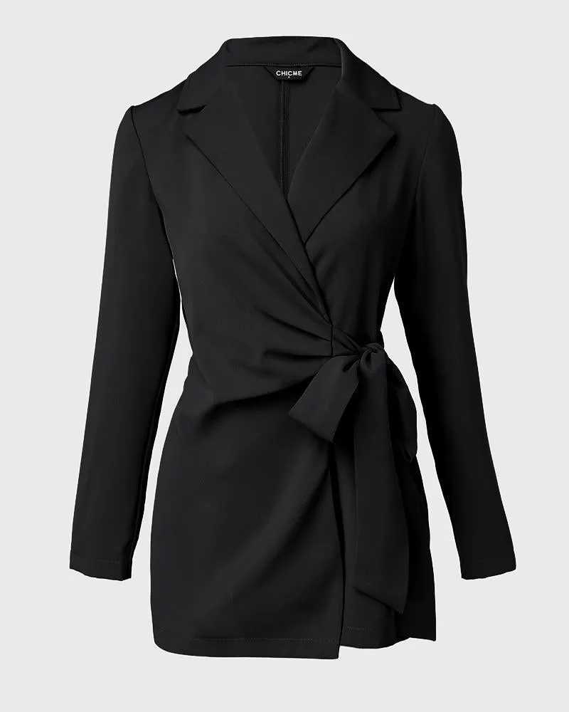 Notched Collar Tied Detail Wrap 2 in 1 Blazer Romper