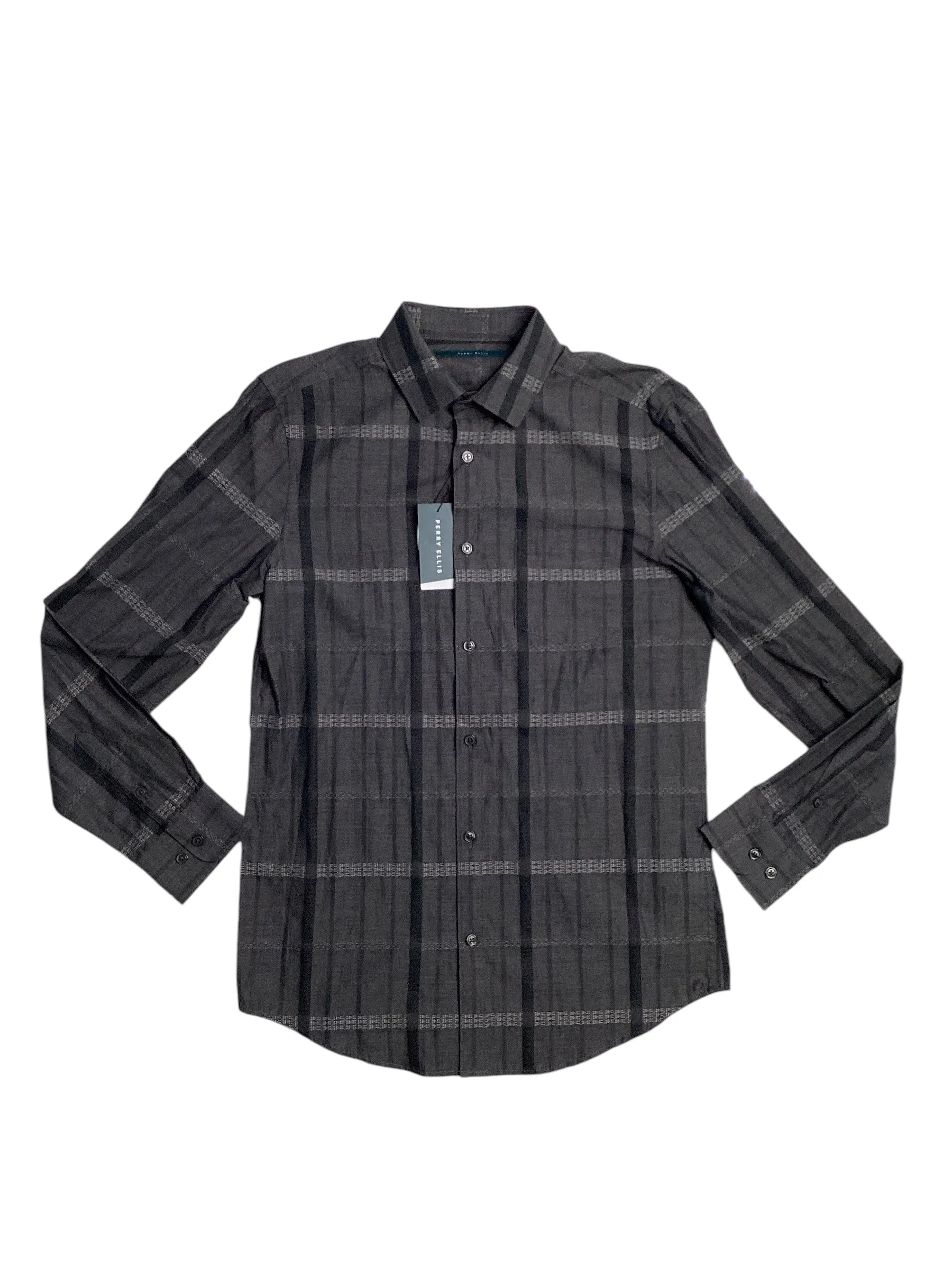 Perry Ellis Men's Cotton Tonal Jacquard Button Down Shirt  Black Medium