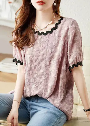 Pink Patchwork Cozy Chiffon T Shirts Puff Sleeve LY1524