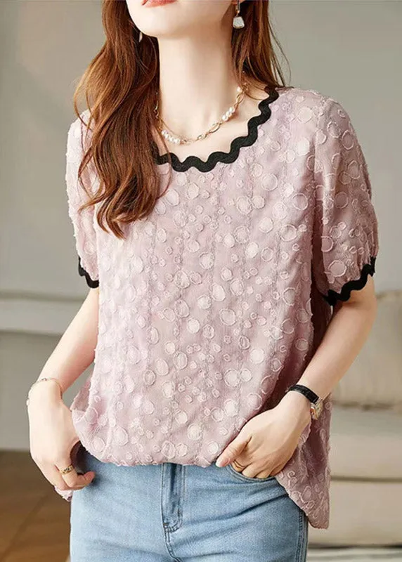 Pink Patchwork Cozy Chiffon T Shirts Puff Sleeve LY1524