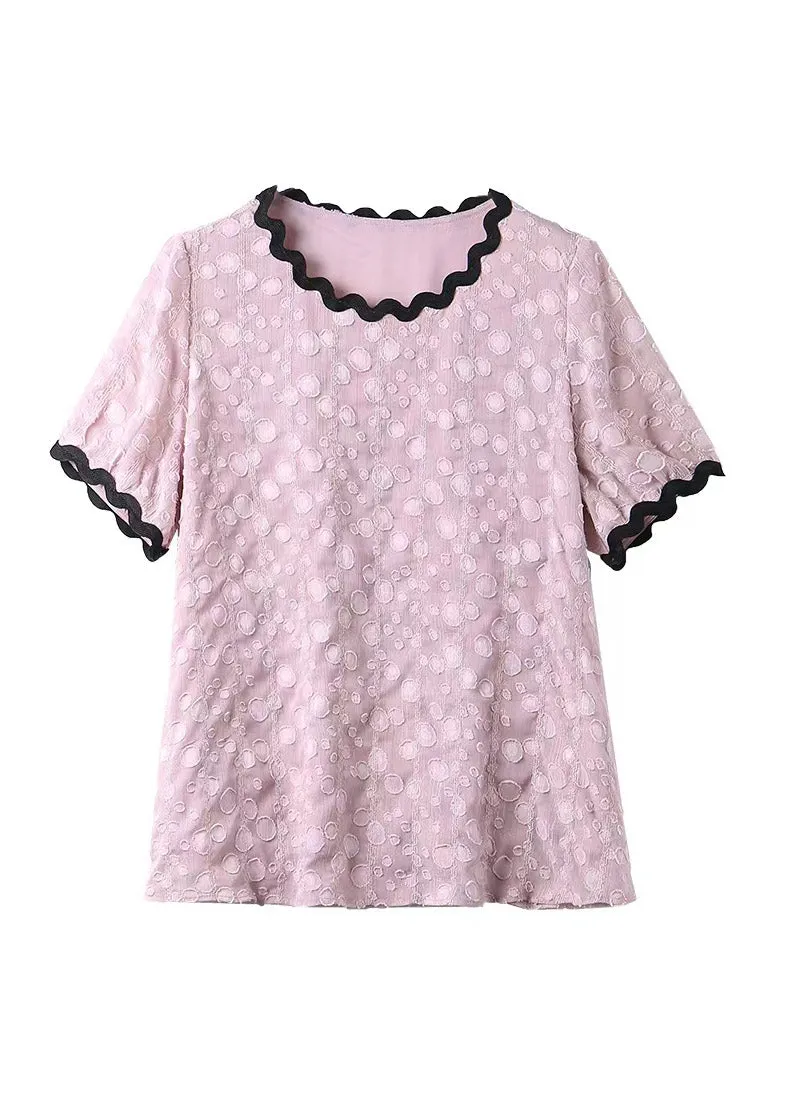 Pink Patchwork Cozy Chiffon T Shirts Puff Sleeve LY1524