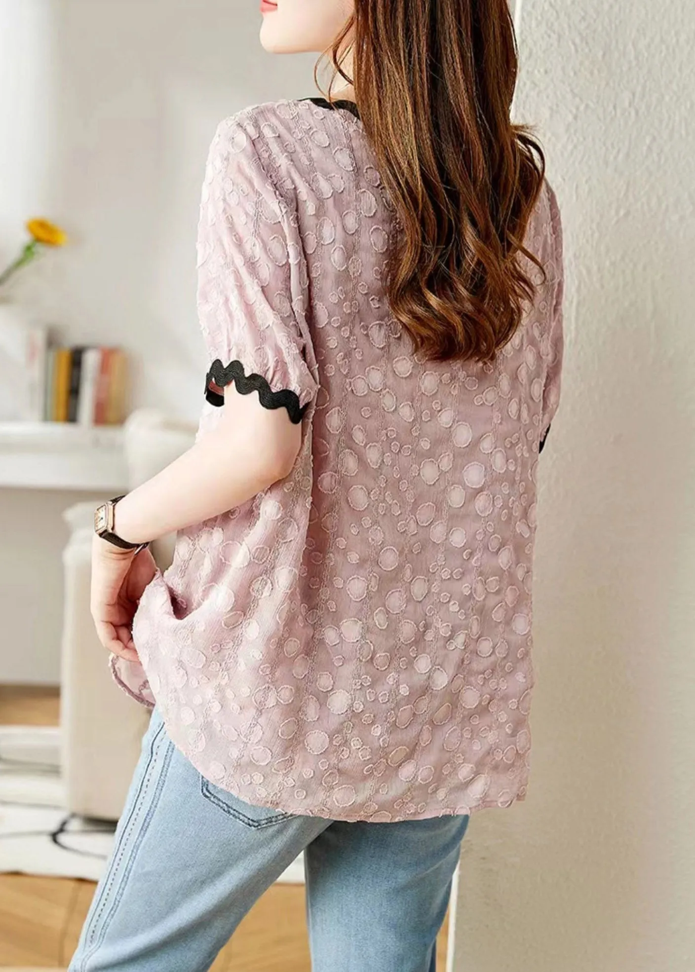 Pink Patchwork Cozy Chiffon T Shirts Puff Sleeve LY1524