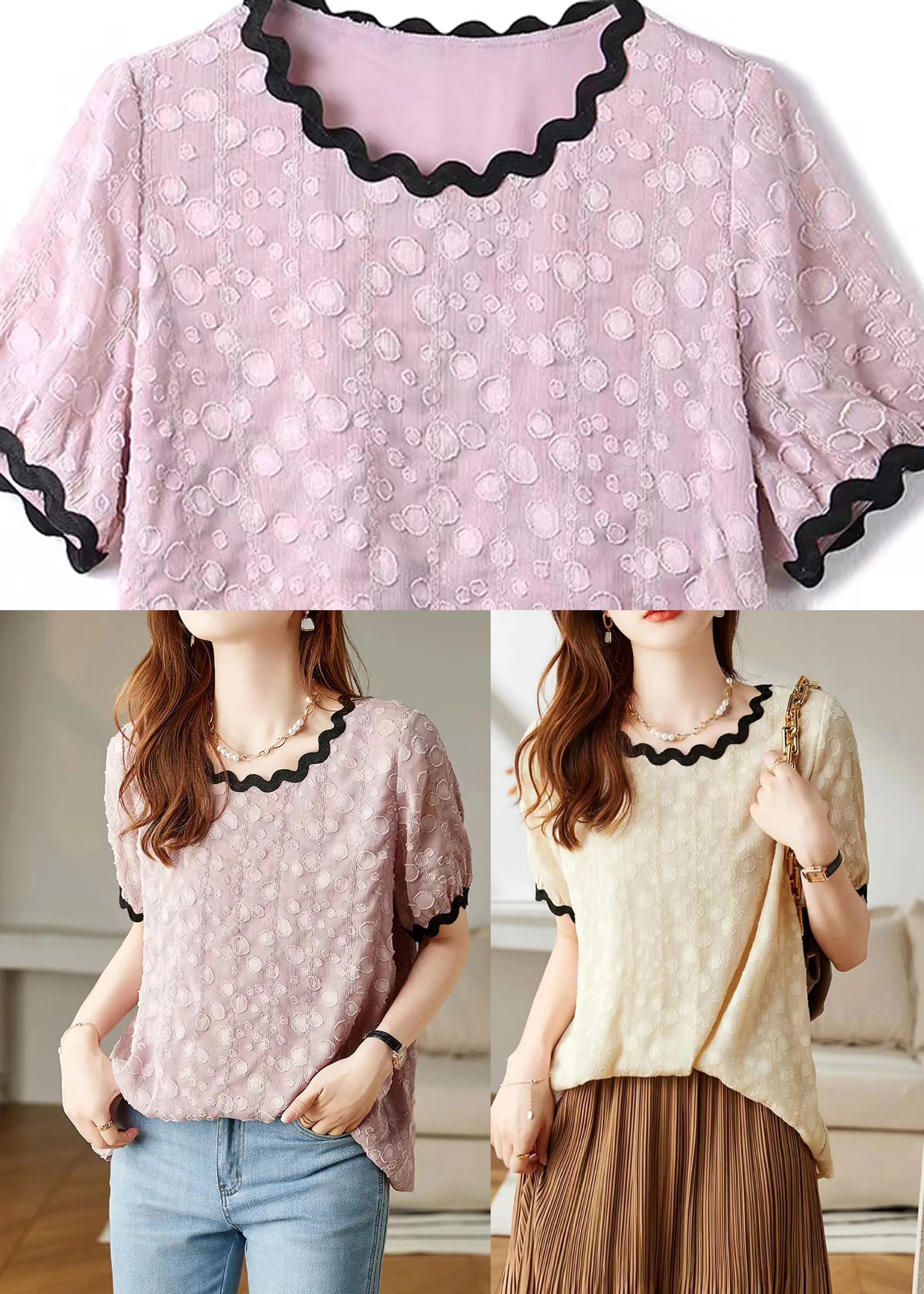 Pink Patchwork Cozy Chiffon T Shirts Puff Sleeve LY1524