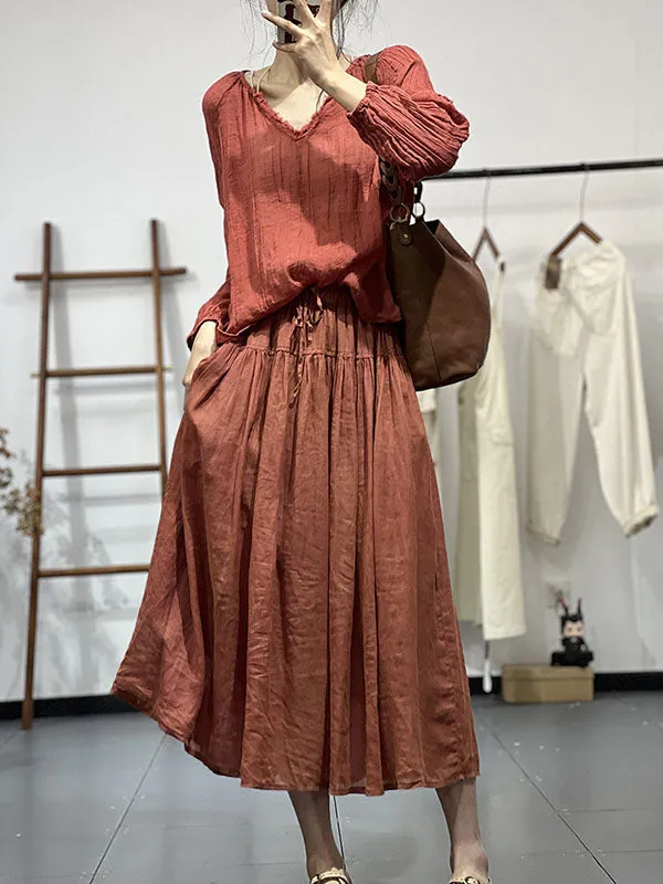 Pleated Solid Color Long Sleeves Loose V-neck Blouses&shirts Tops