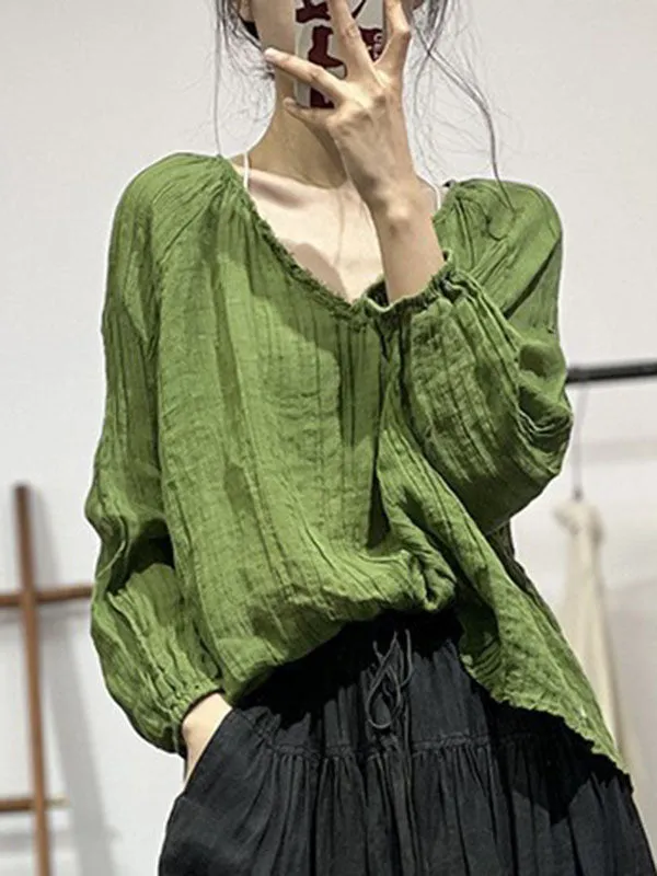 Pleated Solid Color Long Sleeves Loose V-neck Blouses&shirts Tops