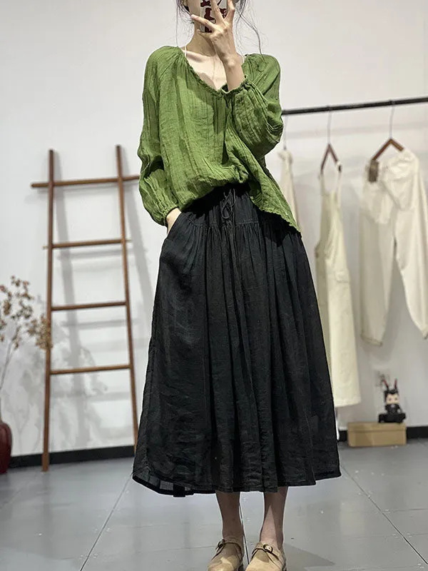 Pleated Solid Color Long Sleeves Loose V-neck Blouses&shirts Tops
