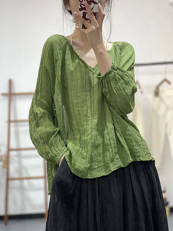 Pleated Solid Color Long Sleeves Loose V-neck Blouses&shirts Tops