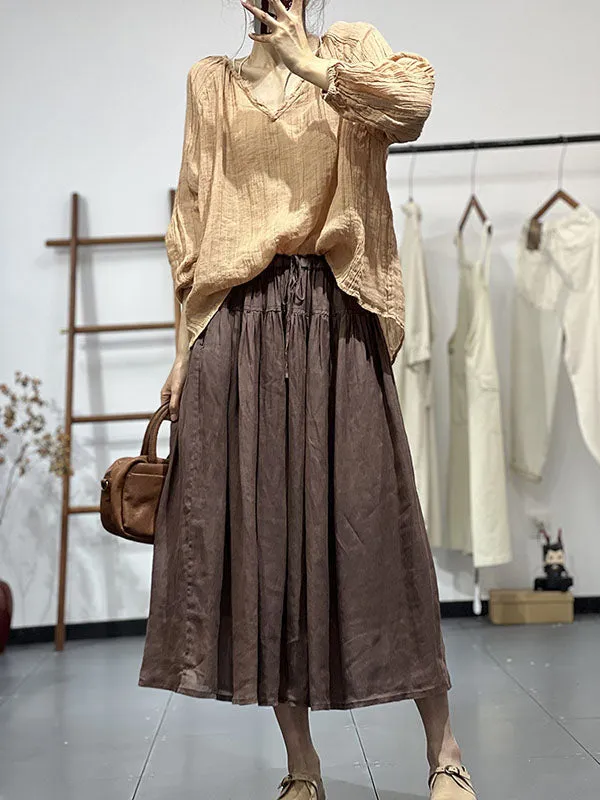 Pleated Solid Color Long Sleeves Loose V-neck Blouses&shirts Tops