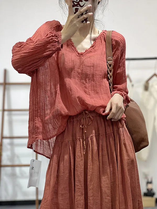 Pleated Solid Color Long Sleeves Loose V-neck Blouses&shirts Tops