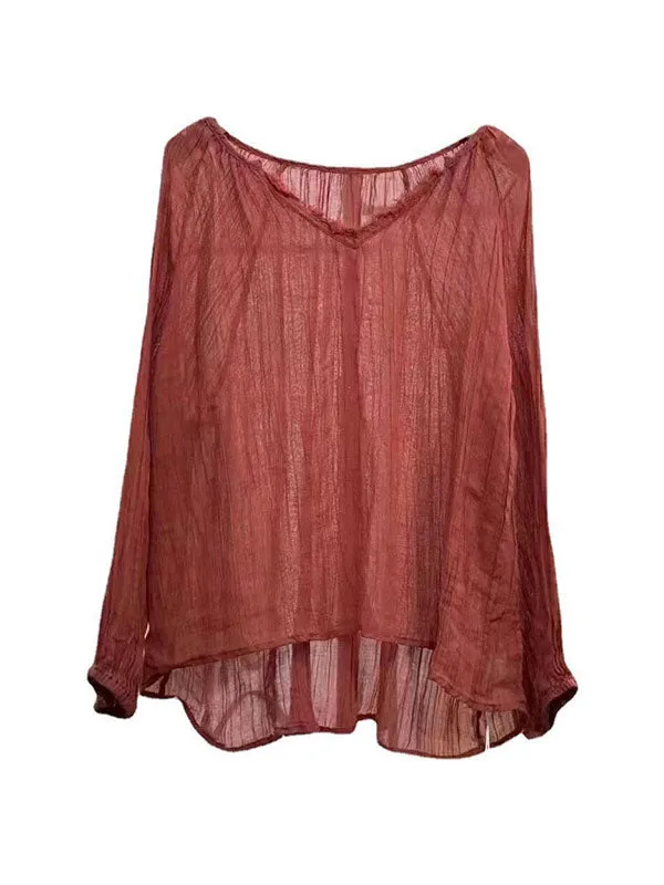 Pleated Solid Color Long Sleeves Loose V-neck Blouses&shirts Tops