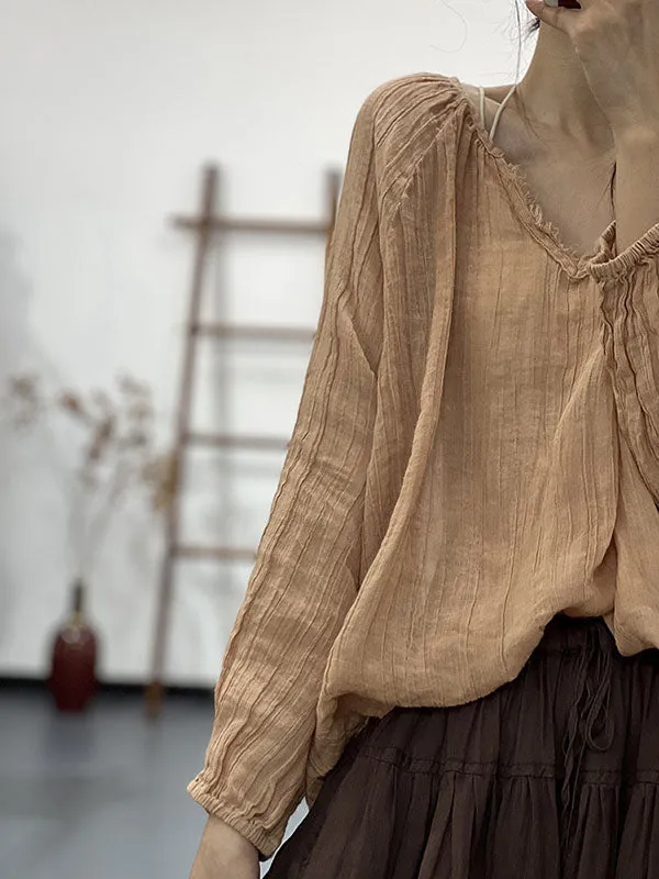Pleated Solid Color Long Sleeves Loose V-neck Blouses&shirts Tops