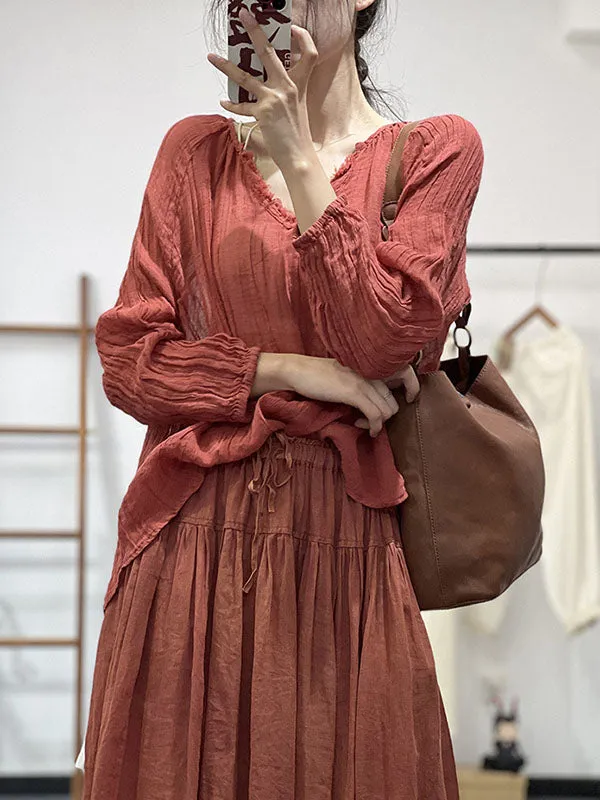 Pleated Solid Color Long Sleeves Loose V-neck Blouses&shirts Tops