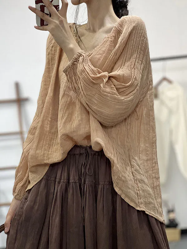 Pleated Solid Color Long Sleeves Loose V-neck Blouses&shirts Tops