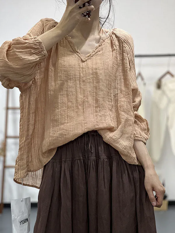 Pleated Solid Color Long Sleeves Loose V-neck Blouses&shirts Tops