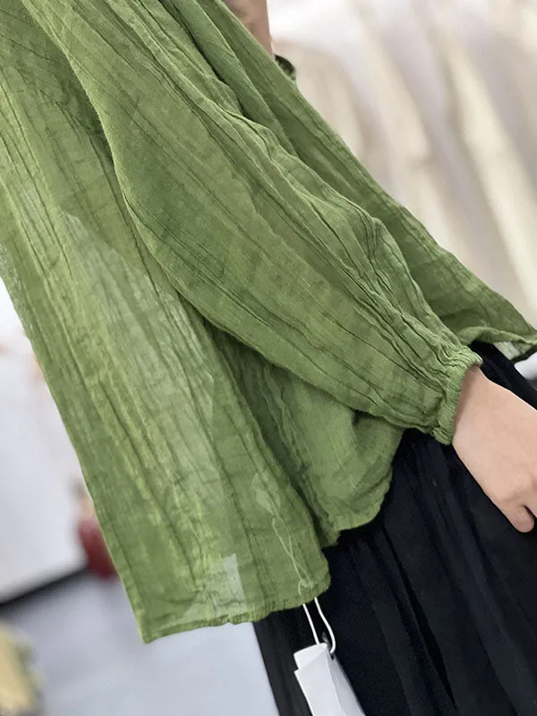 Pleated Solid Color Long Sleeves Loose V-neck Blouses&shirts Tops