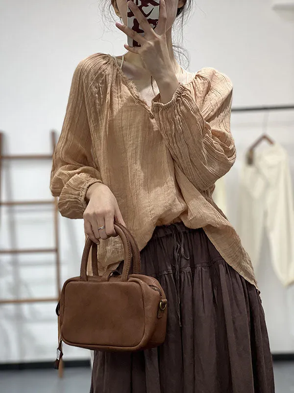 Pleated Solid Color Long Sleeves Loose V-neck Blouses&shirts Tops