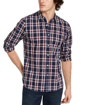 Sun   Stone Men's Dio Plaid Button Down Shirt Blue 2XL