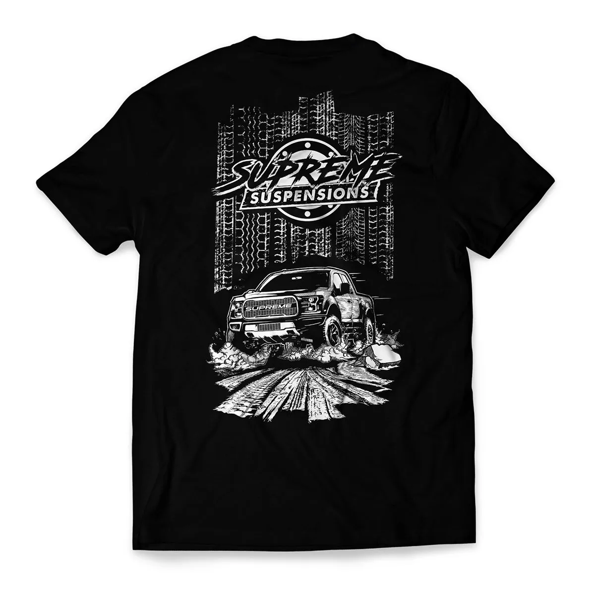Supreme Suspensions® White On Black Two-Toned Cotton-Blended Premium T-Shirt w/ Pocket Print & Back Design