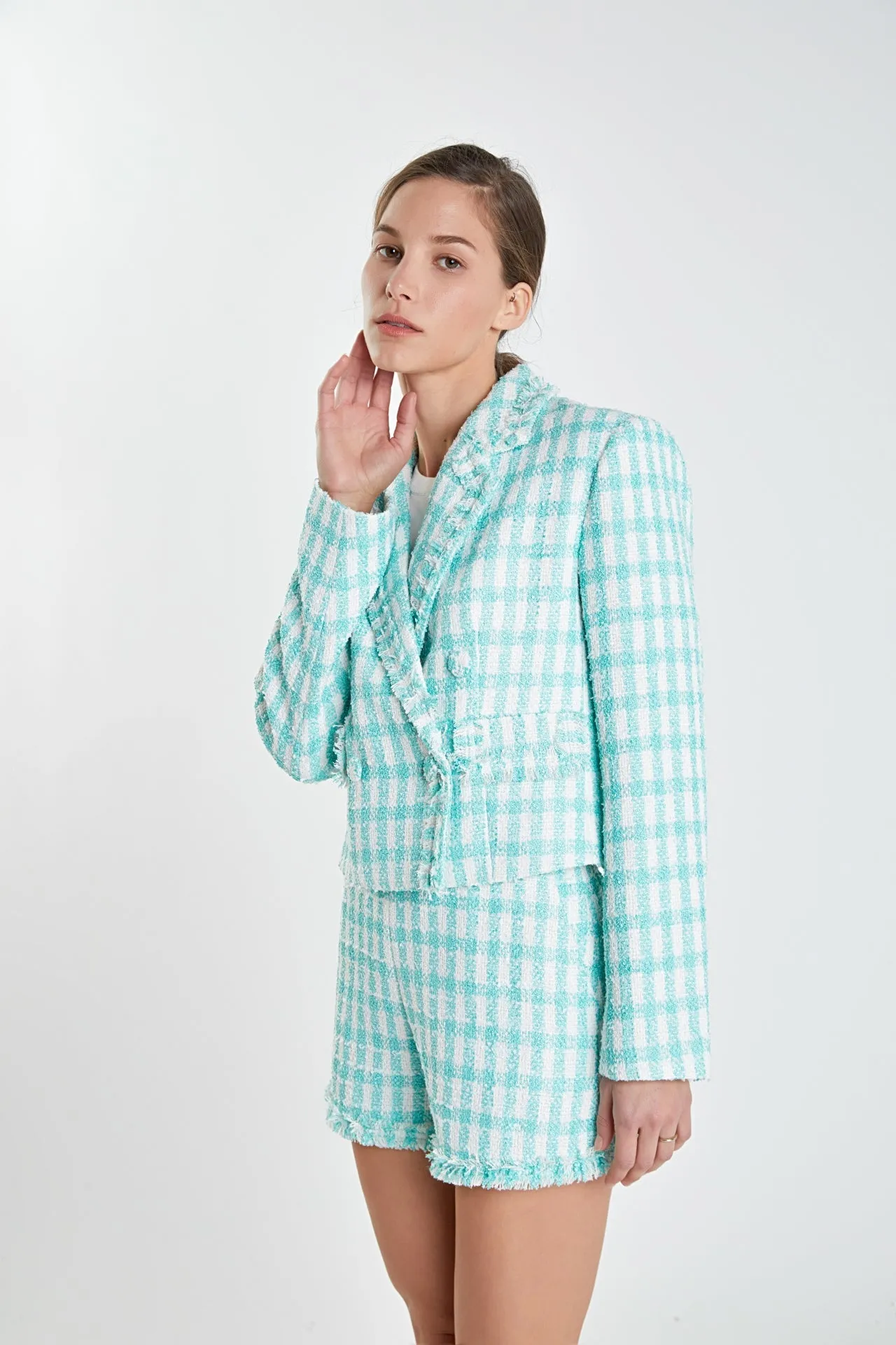 Textured Checkered Double Breasted Blazer