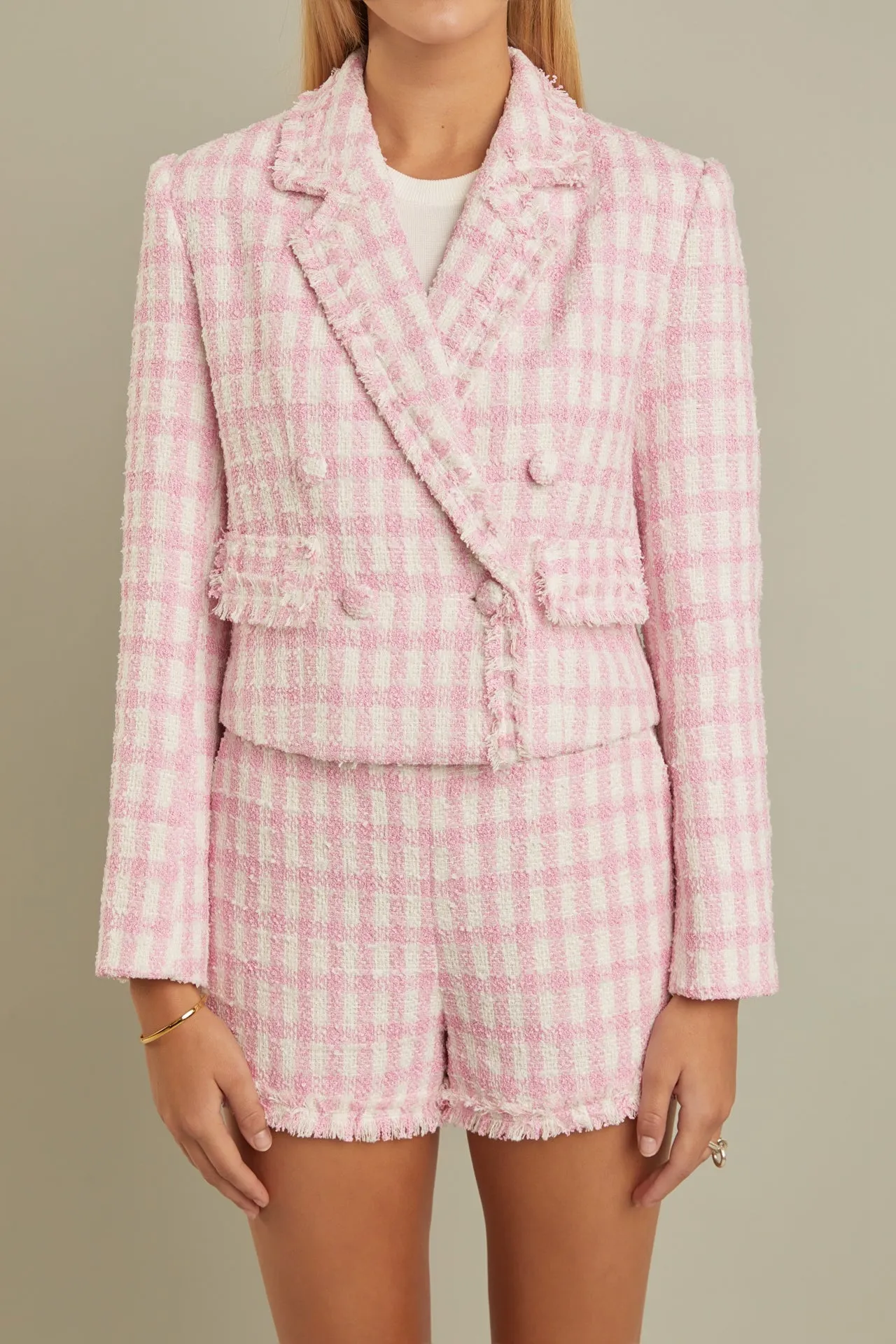 Textured Checkered Double Breasted Blazer