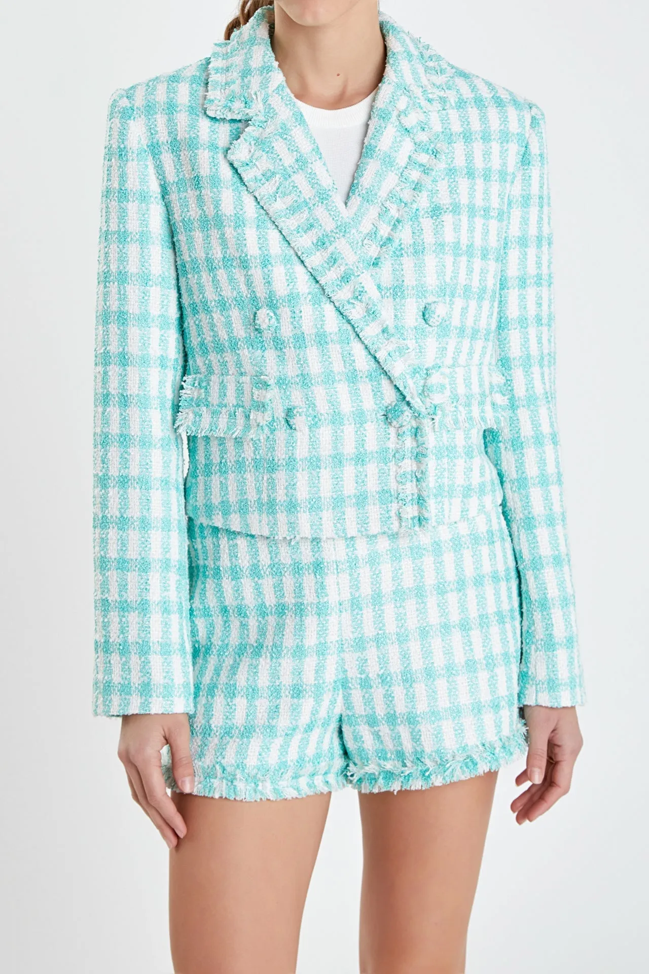Textured Checkered Double Breasted Blazer