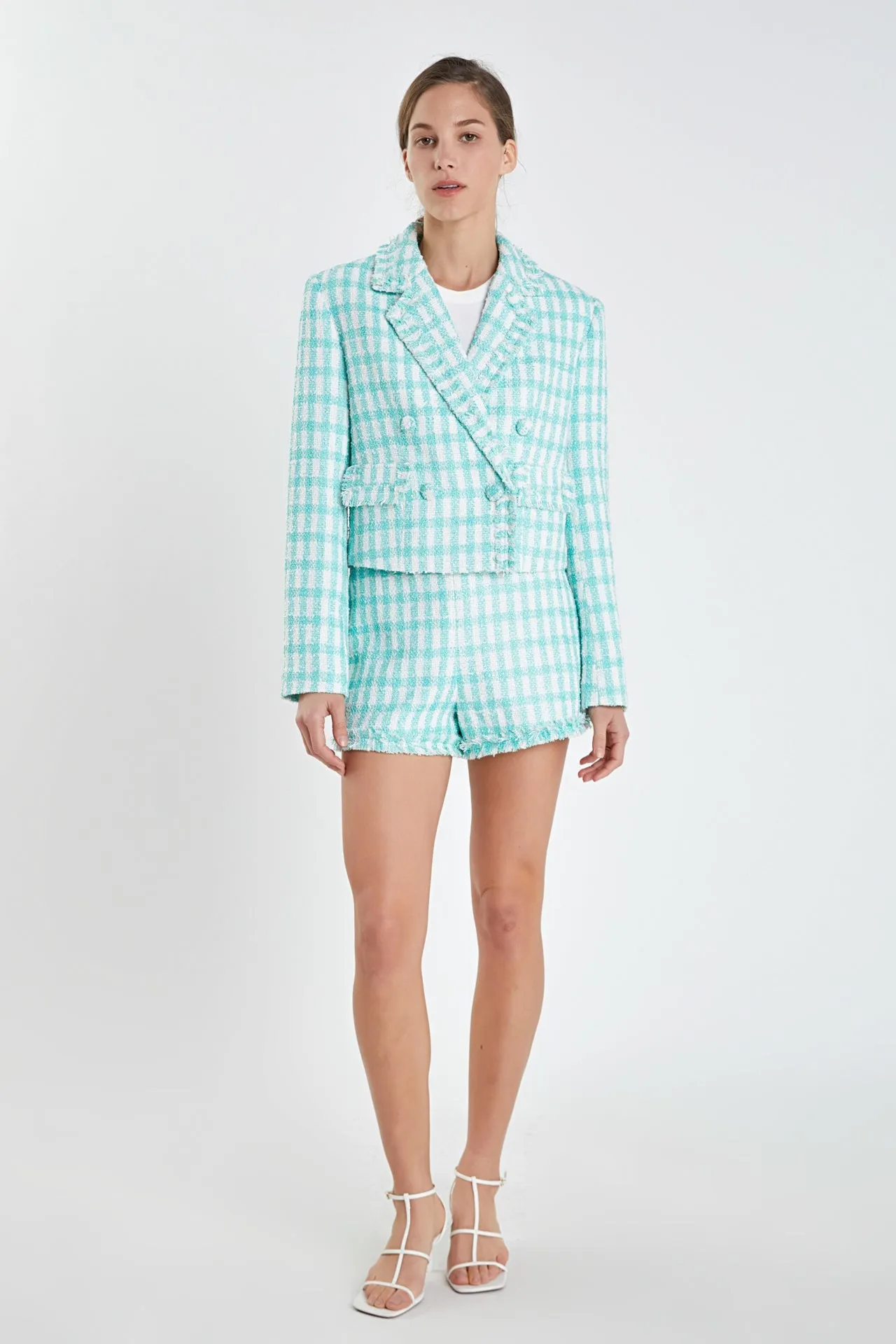Textured Checkered Double Breasted Blazer