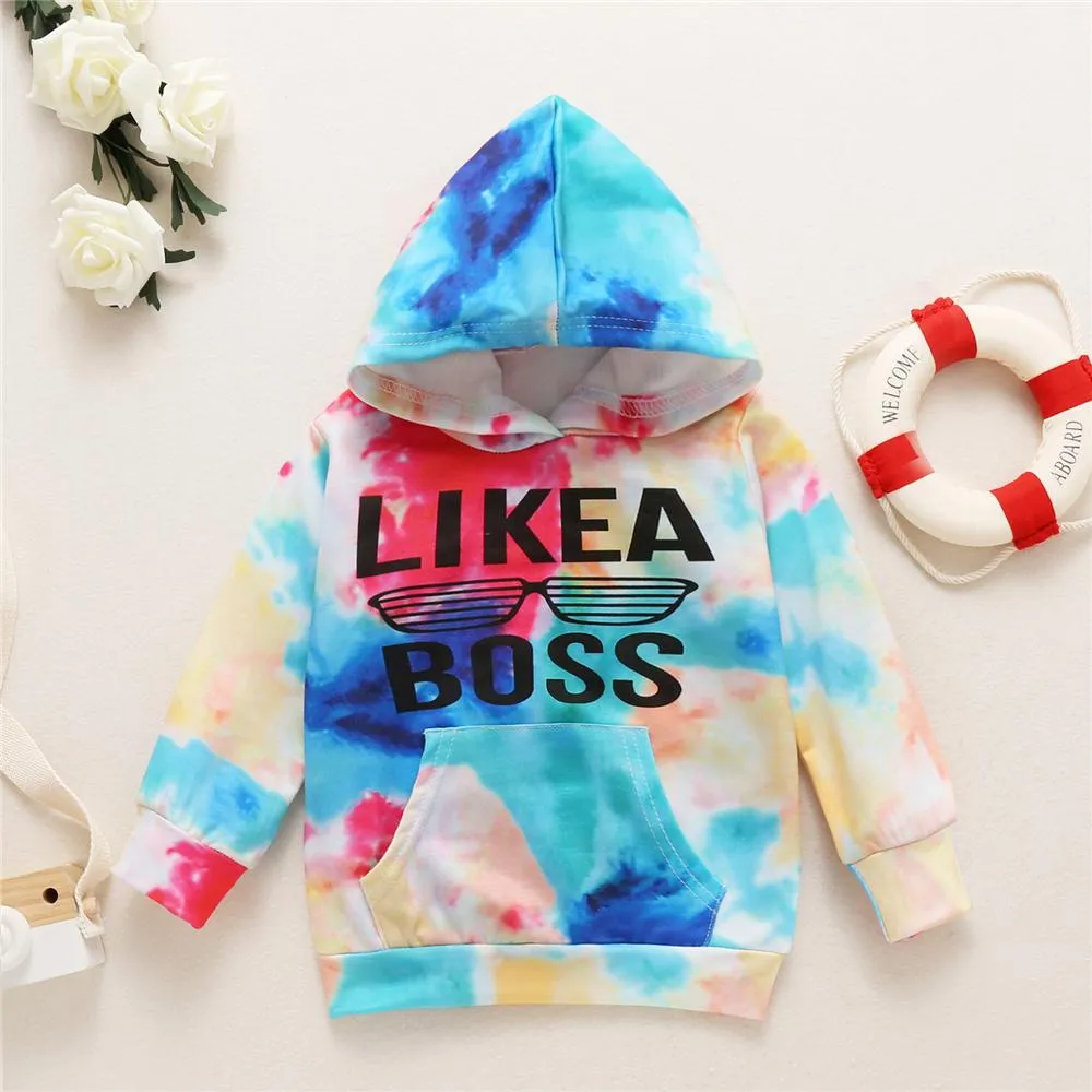Unisex Letter Printed Long Sleeve Tie Dye Hooded Top Wholesale Toddler T Shirts