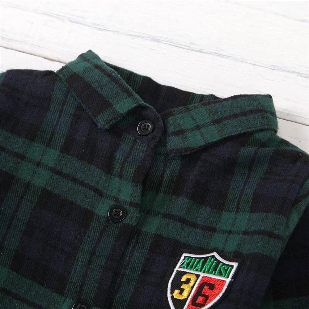 Unisex Number Plaid Long Sleeve Lapel Shirts Kids Wholesale Clothing