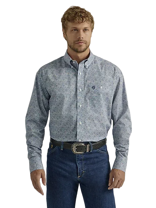 Wrangler George Strait One Pocket Printed In Swirly Paisley Blue Shirt